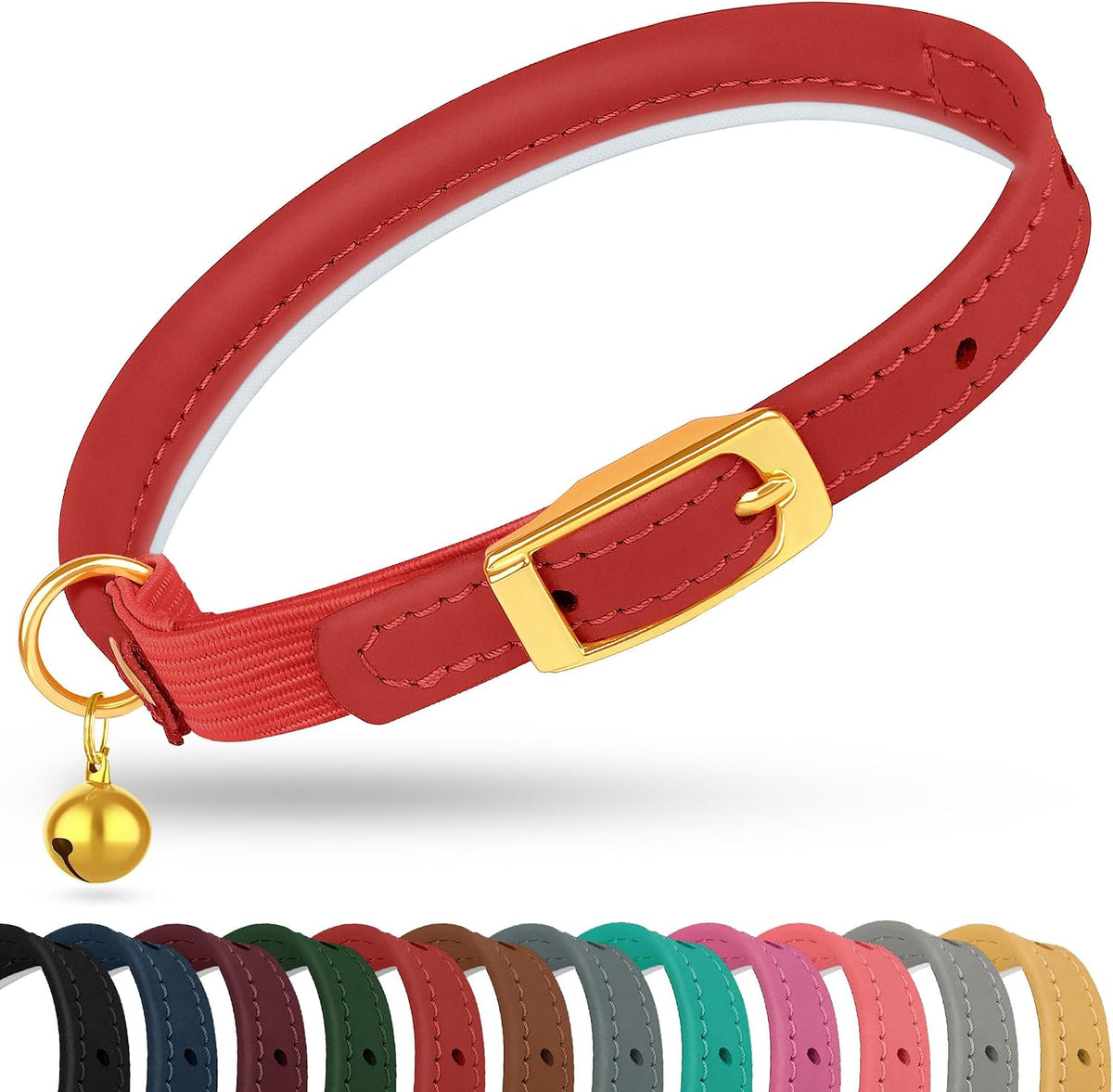 OOPSDOGGY Rolled Leather Cat Collar with Bell - Reflective Kitten Collar with Safety Elastic Strap - Adjustable Small Pe