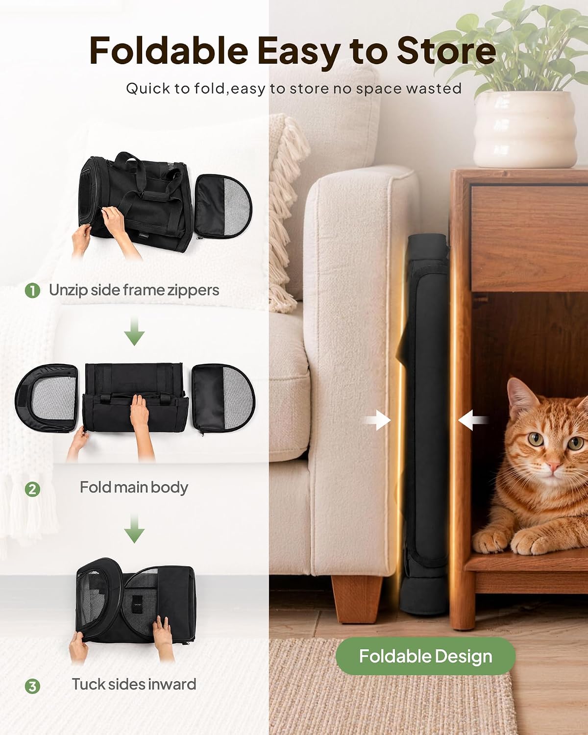Backpackable Cat Carrier 17"x11"x11", Soft-Sided Collapsible Pet Carrier
