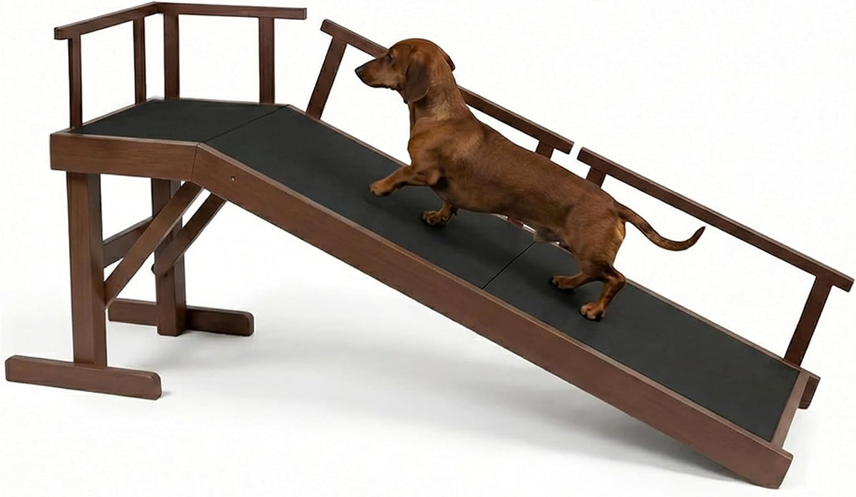 61" Dog Ramp for Bed&Couch, Non-Slip Platform with Removable Rails Walnut