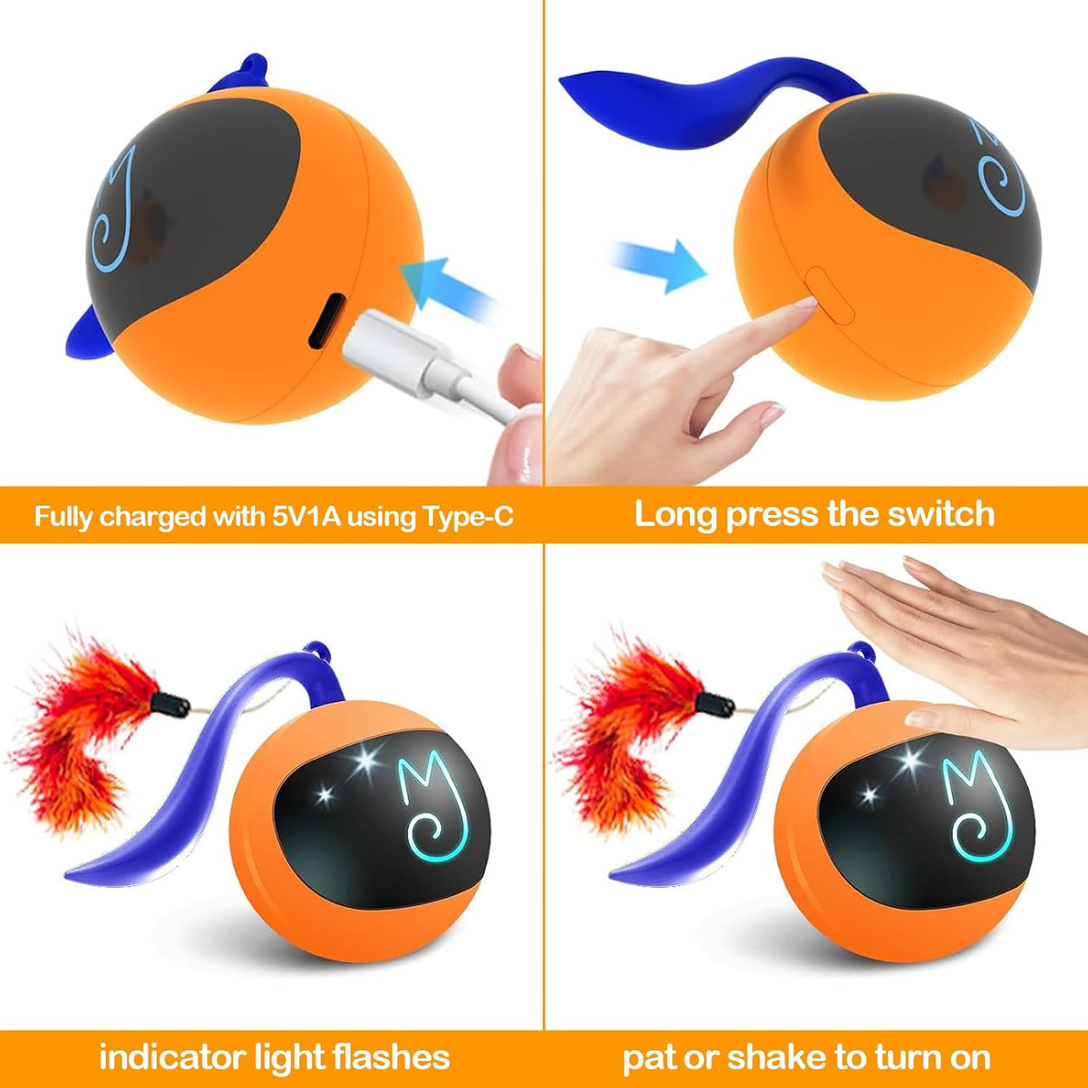 Migipaws Interactive Cat Ball Toy Set, Fun Tracker, Automatic Rolling Chase Ball with Fluffy Tail, A Small Mice, Recharg