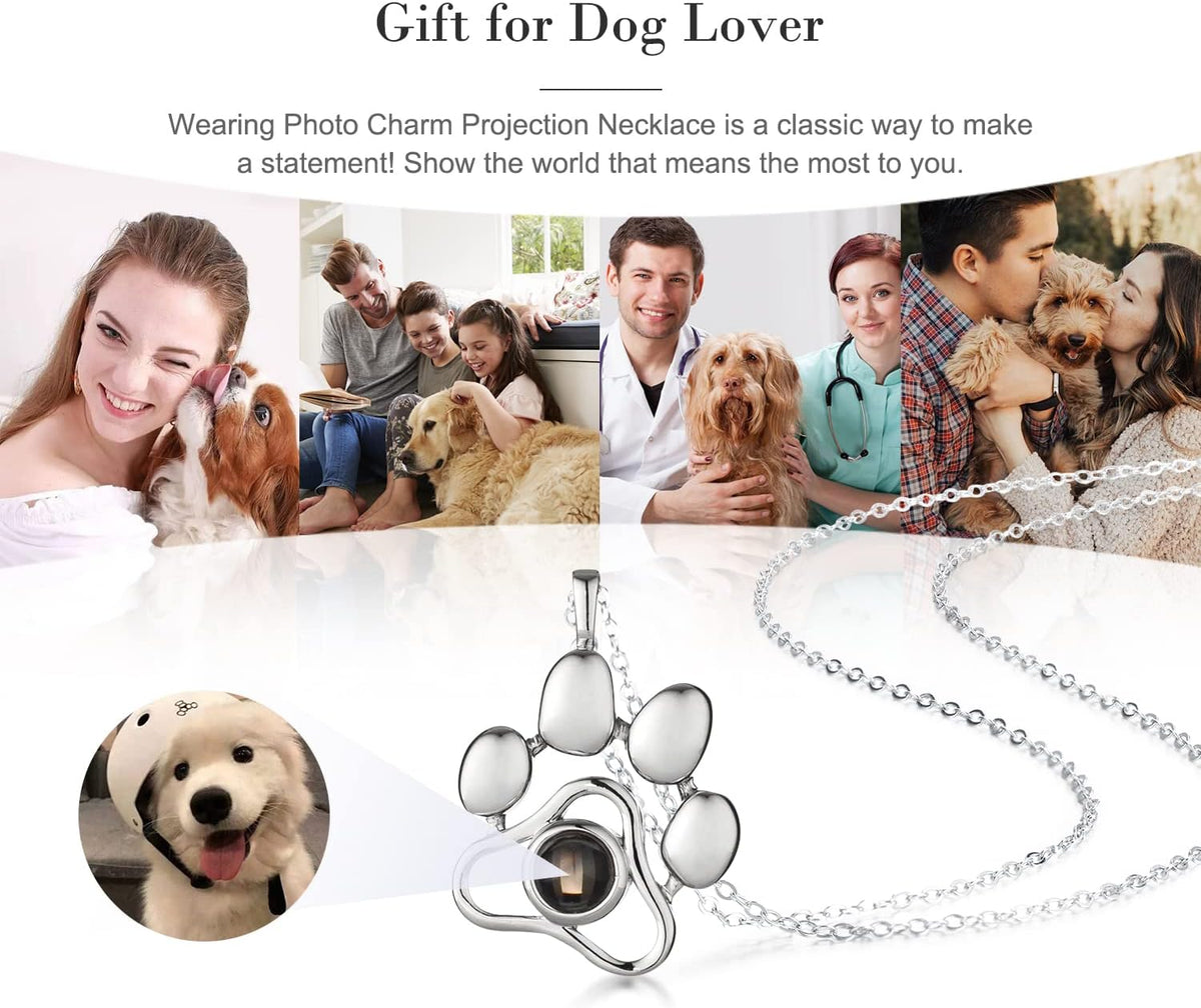 OPALSTOCK Personalized Pet Photo Necklace, Custom Photo Charm Projection Necklace Dog Cat Paw Pendant Pet Memorial Jewel