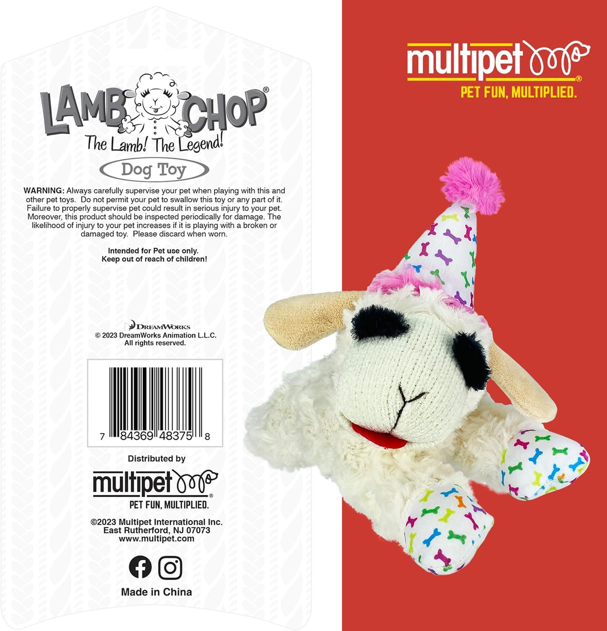 Multipet Lamb Chop Dog Plush Toy with Birthday Hat - Squeaky Dog Toy