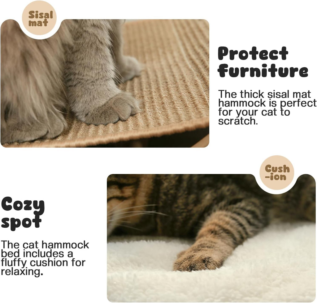 Cat Hammock Bed, Wooden Elevated Cat Beds with Natural Sisal Scratching Mat, Cats Scratcher Bed with Removable Soft Cush