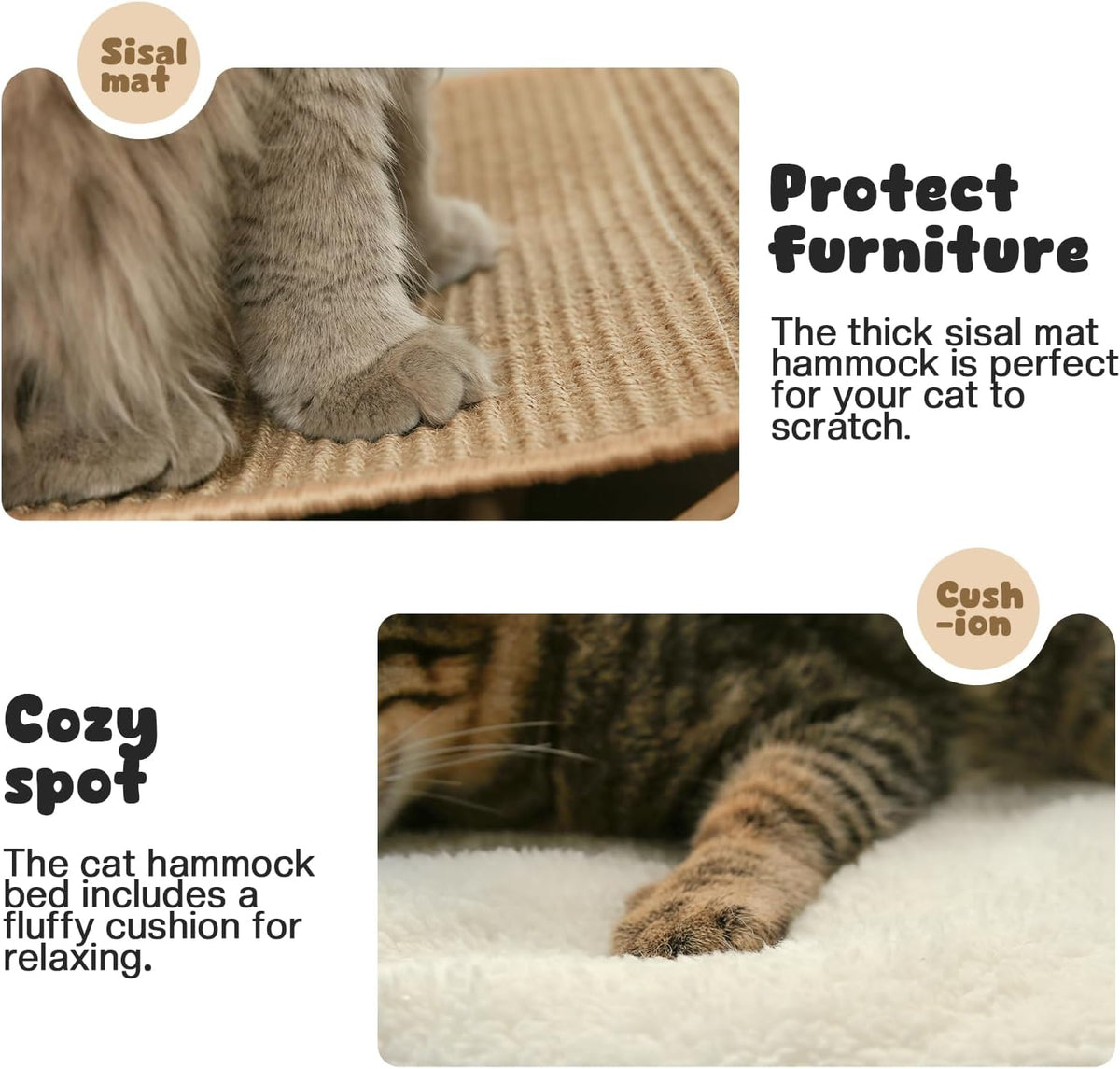 Cat Hammock Bed, Wooden Elevated Cat Beds with Natural Sisal Scratching Mat, Cats Scratcher Bed with Removable Soft Cush