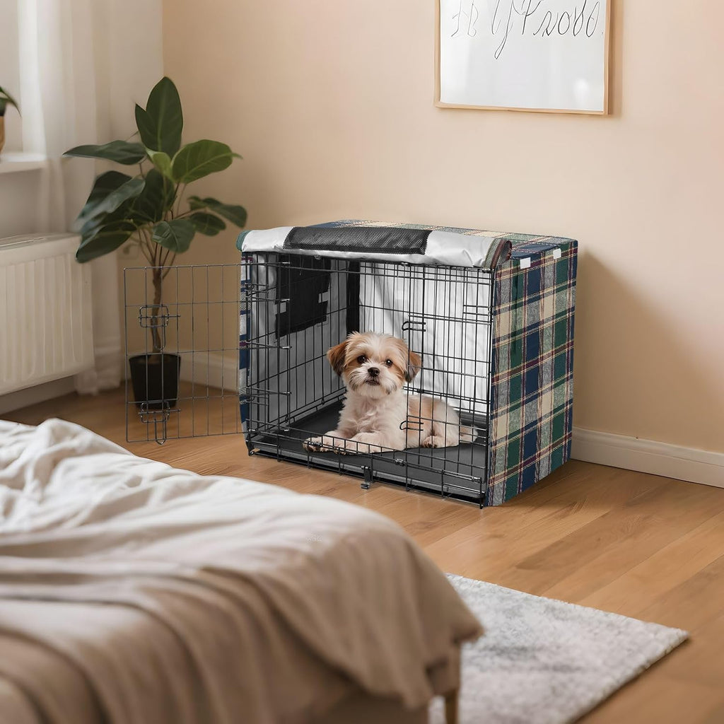 Dark Green Plaid Dog Crate Cover 42" L x 28" W x 30" H, Waterproof Windproof Light Blocking Pet Cage Cover with Roll Up 