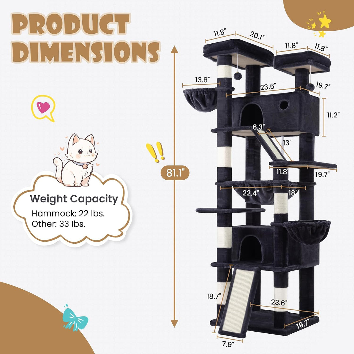 SHA CERLIN 81in Multi-Level Tall Cat Tree Tower for Indoor Kitties/Larger Cat Condo Furniture with Hammock/Cozy Pussycat