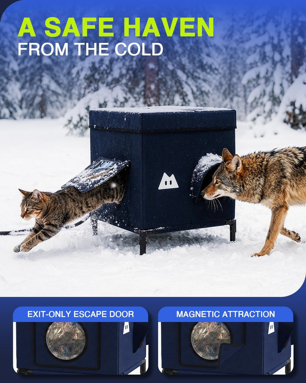 Heated Outdoor Cat House for Outside (Dark Blue,15.8"x15.8"x15.8")