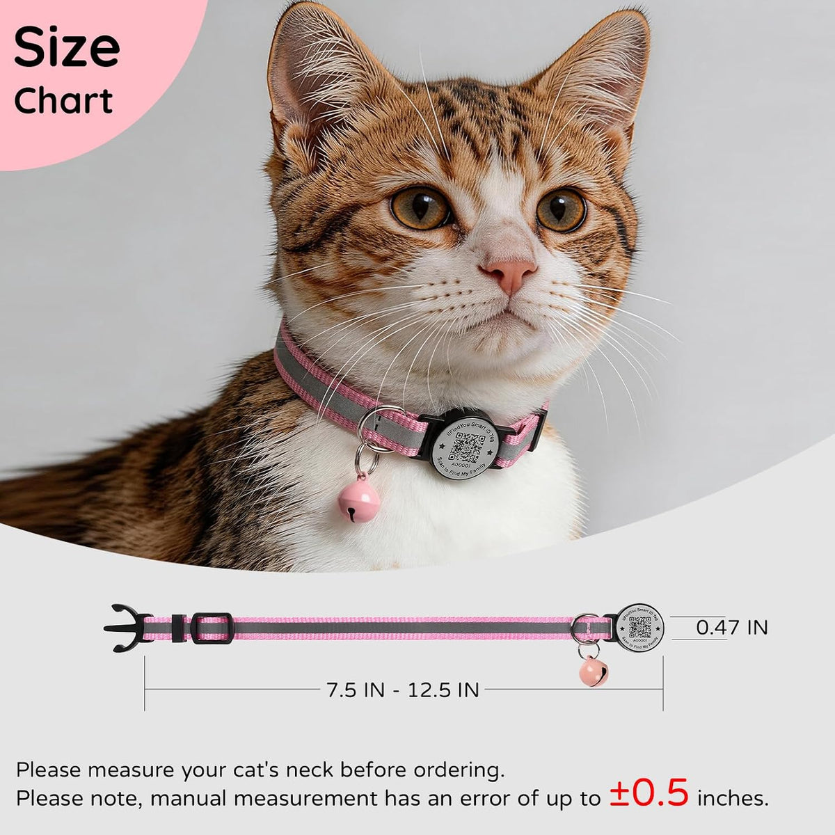 Cat Collar Breakaway QR Code, Reflective cat Collar with Bells, Pink