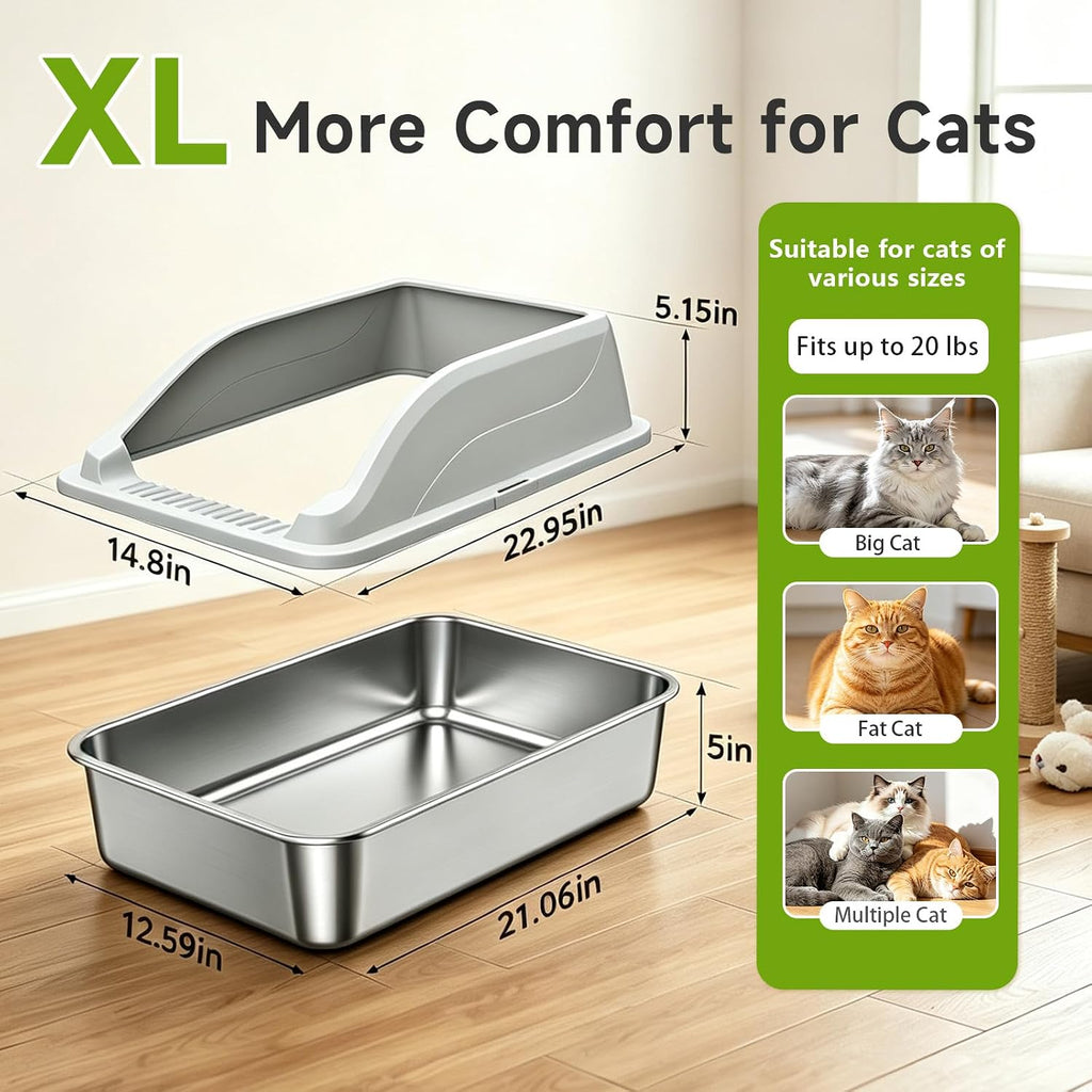 Stainless Steel Cat Litter Box, Extra Large XL Metal LitterBox, Light Grey