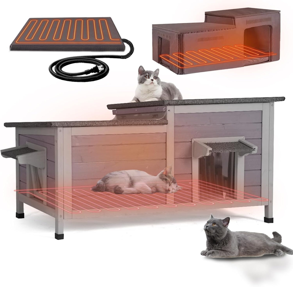 Large Heated Outdoor Cat House with Insulated Liner for 2-4 Cats
