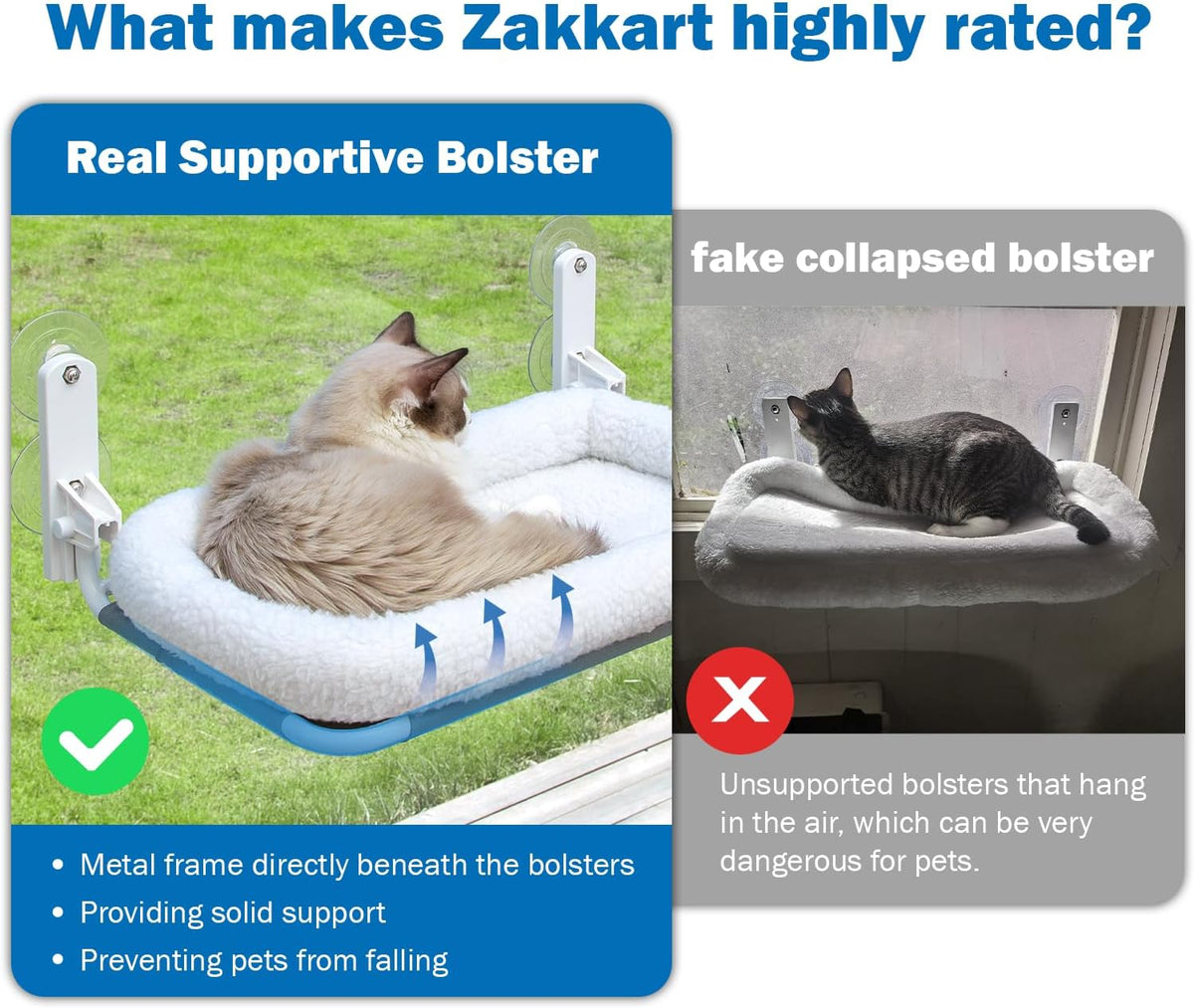 Zakkart Foldable Cat Hammock for Window (White Bolster Bed, Medium)