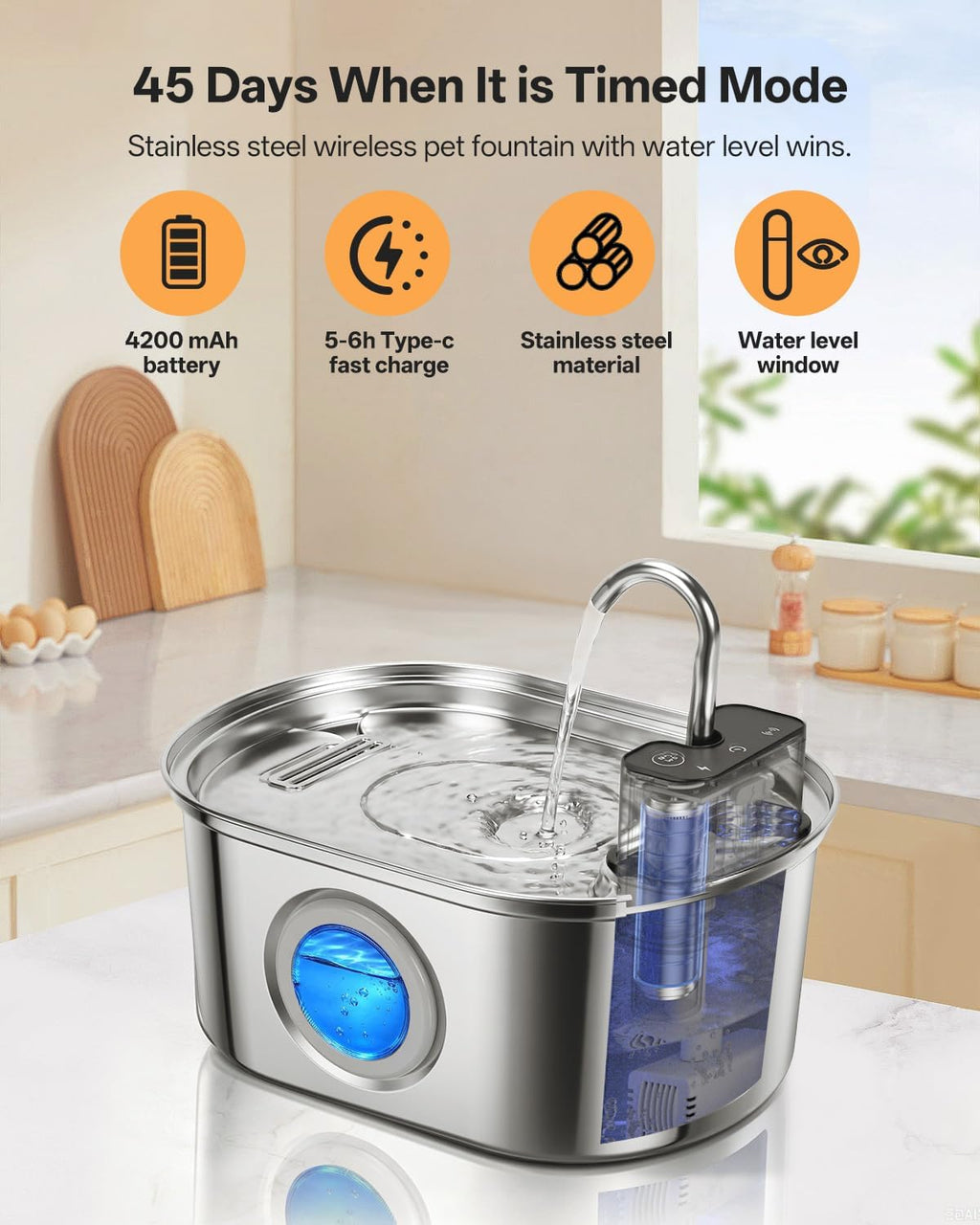 Wireless-Stainless Steel Cat Water Fountain-108oz/3.2L Pet Fountain Rechargeable & Cordless Design, Ultra-Quiet Pump-Eas