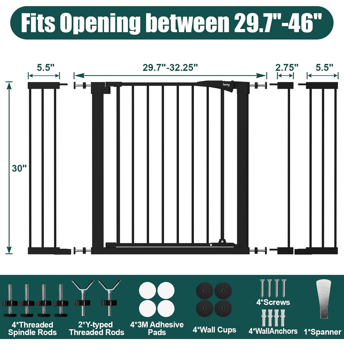 keny 29.7"-46" Baby Gate for Stairs, Auto Close Dog Gates for Doorways