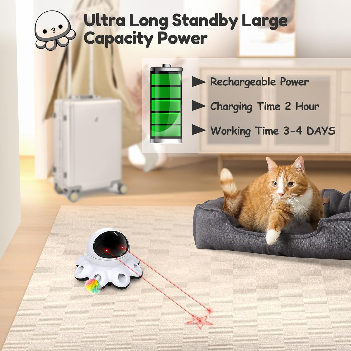 ORSDA Cat Laser Toy, 2-in-1 Interactive Automatic Motion Activated Moving 8 Holes Whack A Mole Feather, USB Rechargeable