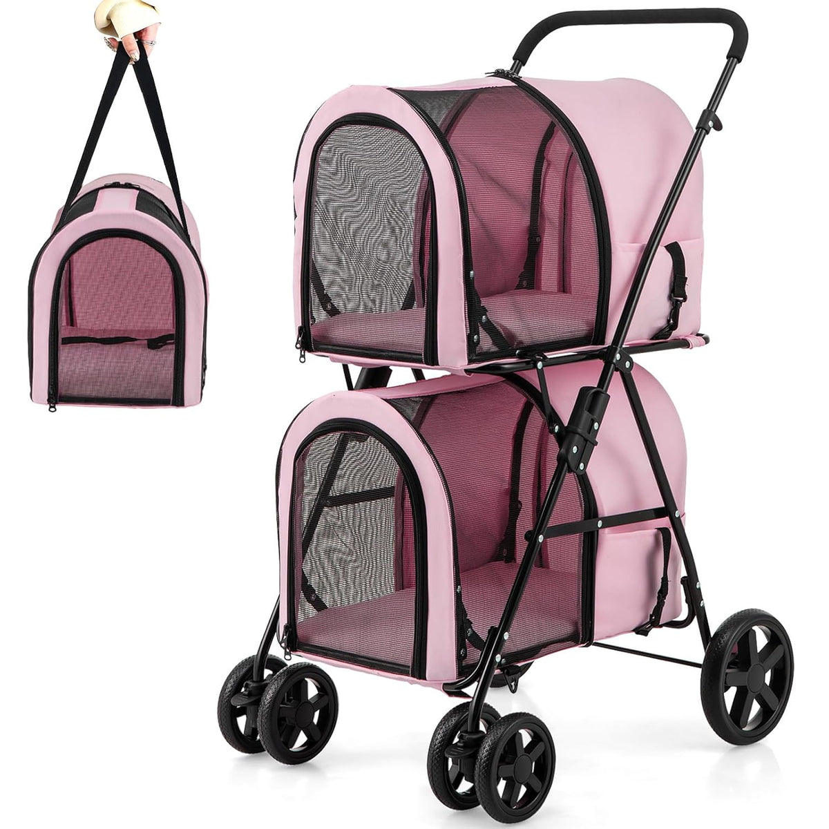 Giantex Double Pet Stroller with 2 Detachable Carrier Bags, Safety Belt, 4 Lockable Wheels, Folding Cat & Dog Stroller f