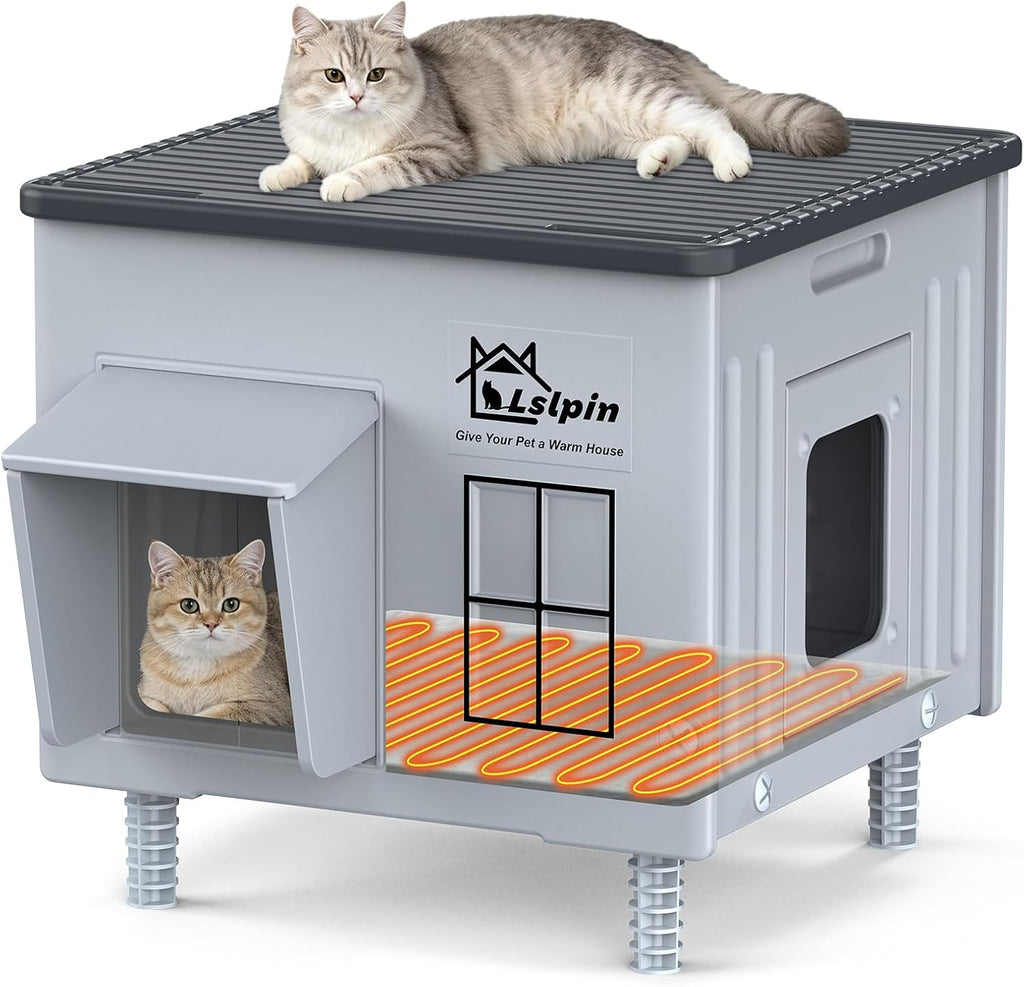 Indestructible Heated Cat House for Outside Cats Winter,Weatherproof & Insulated & Elevated Feral Cat House with Escape 