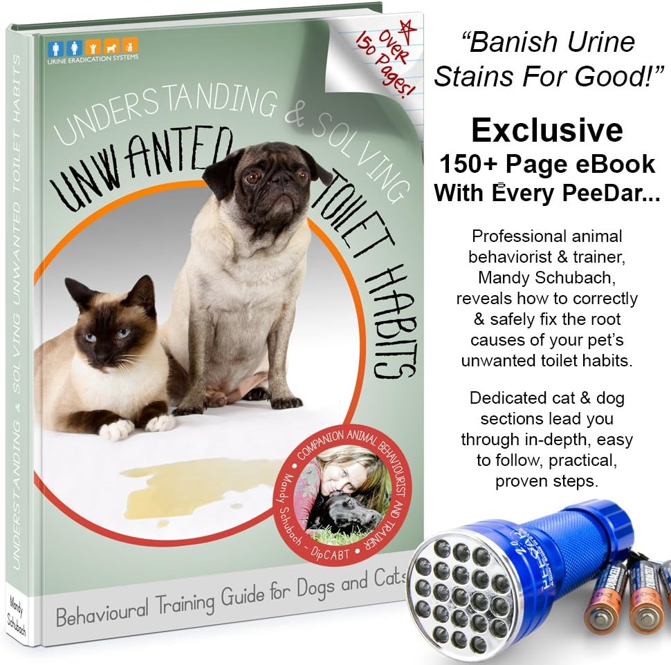 2.0 UV Pet Urine Detector Black Light LED Flashlight + Cat & Dog Behavior Guide. Ultra Bright Optimal 380-385NM Waveleng