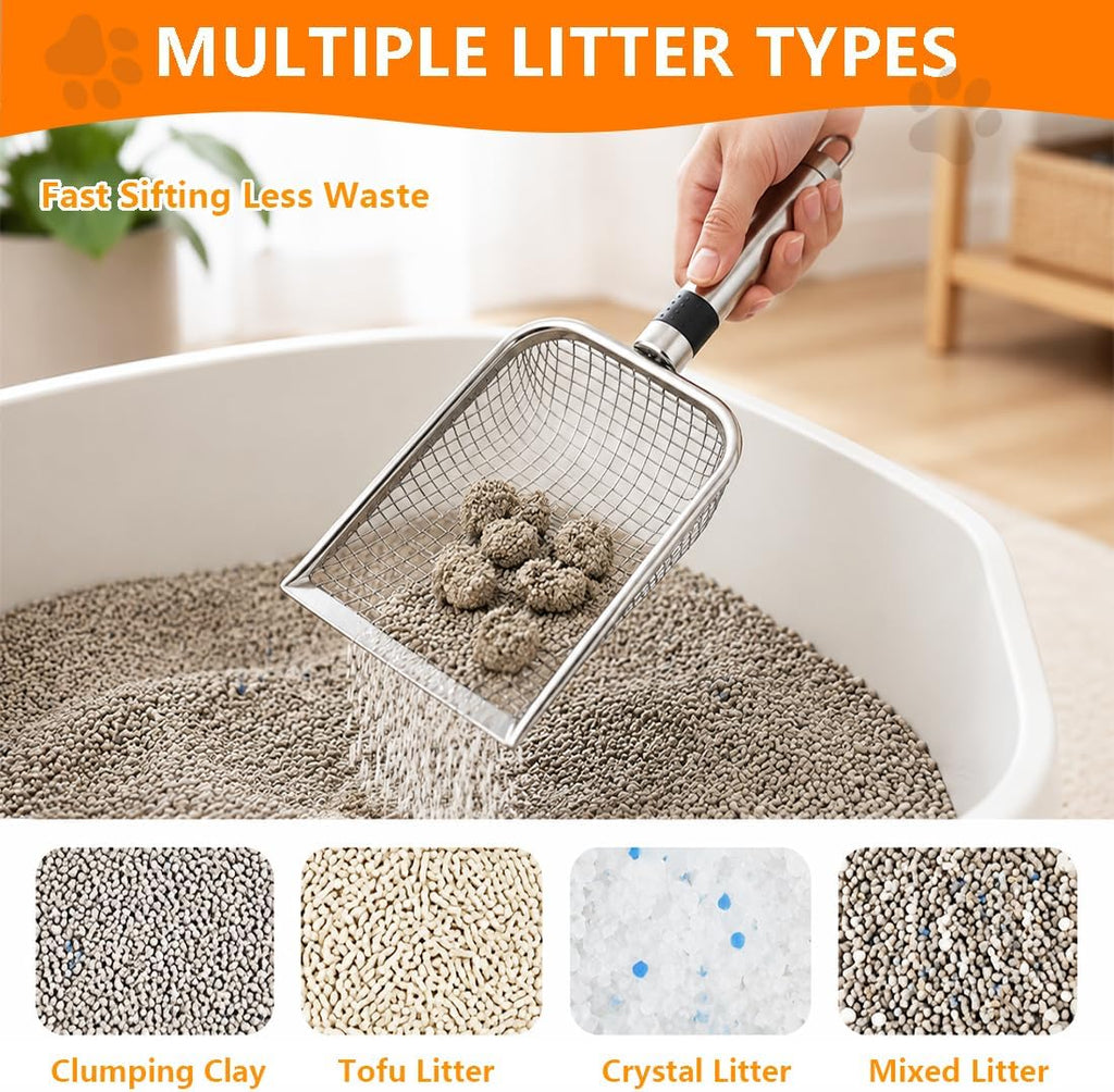 Cat Litter Scoop 2 Pack, Stainless Steel Handle, 3.8mm & 5mm Mesh Sifter