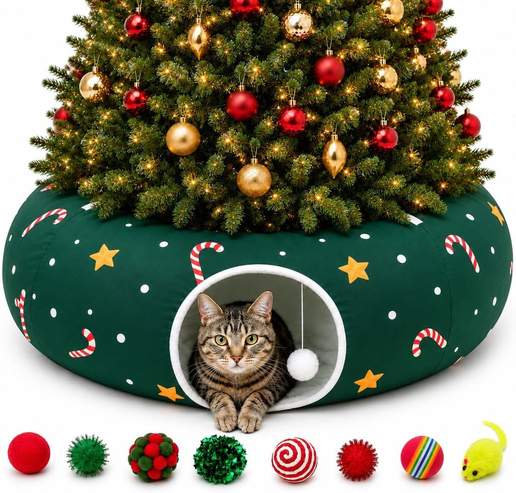 Cat Tunnel Under Tree in Christmas Style with Star, Crutches Candy, and Snowflakes Patterns - 3FT x 3FT x 9.8 INCH Size 