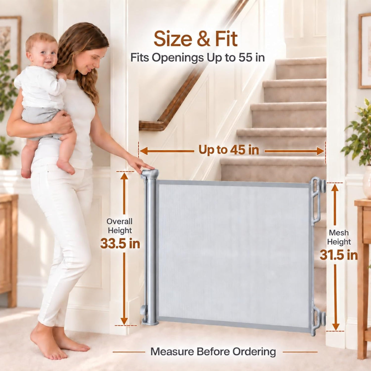 Retractable Baby Gate, 45" Wide Mesh Gate, Gray