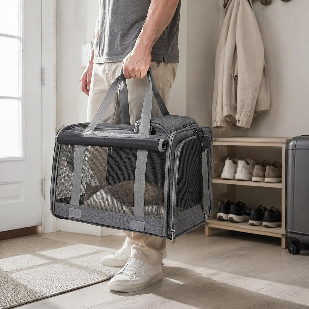 Foldable 600D Oxford Cat Dog Carrier Bag Breathable Mesh (Gray)
