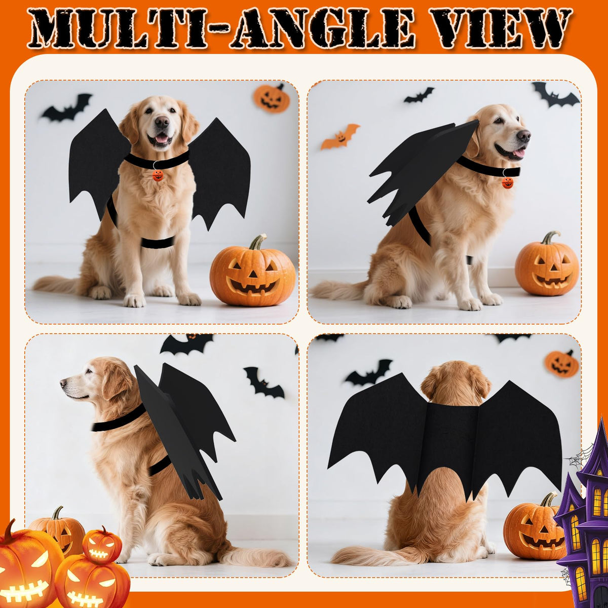 Dog Halloween Costumes for Large Dogs, Dog Bat Wings with Pumpkin Bell Pet Halloween Cosplay Party Dress Up (Large)