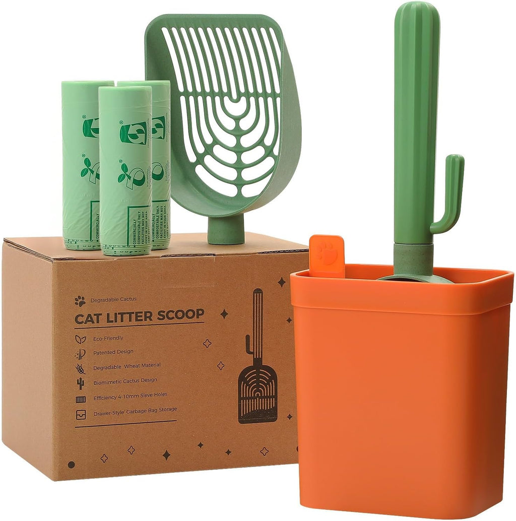 Cactus Cat Litter Scoop with Holder, 3 Replaceable Shovels, Green
