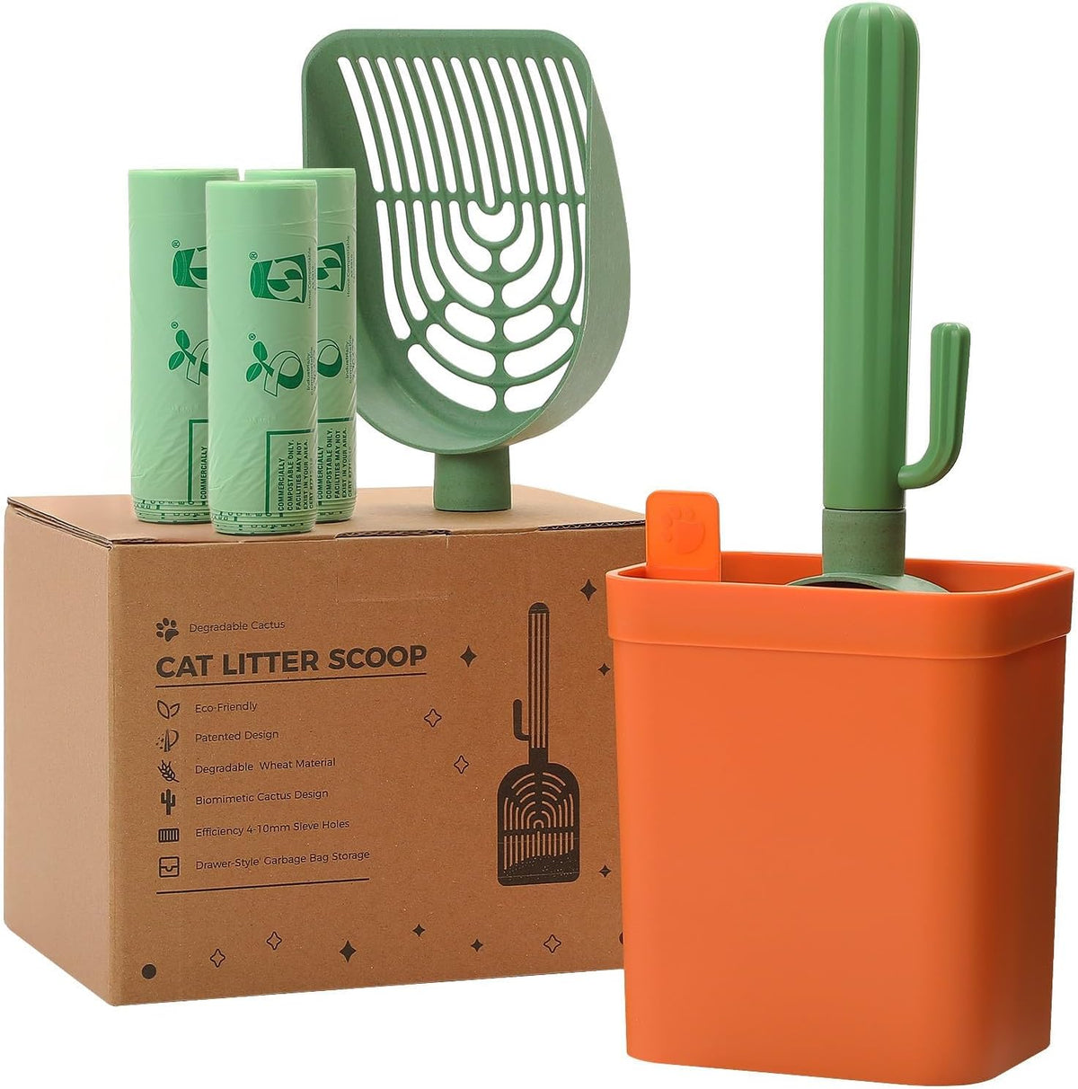 Cactus Cat Litter Scoop with Holder, 3 Replaceable Shovels, Green