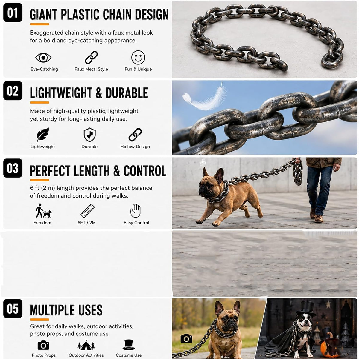 Fake Chain Dog Leash, Giant Plastic Chain Leash, Oversized Funny Lightweight Pet Lead for Small Dogs and Cats, Faux Meta