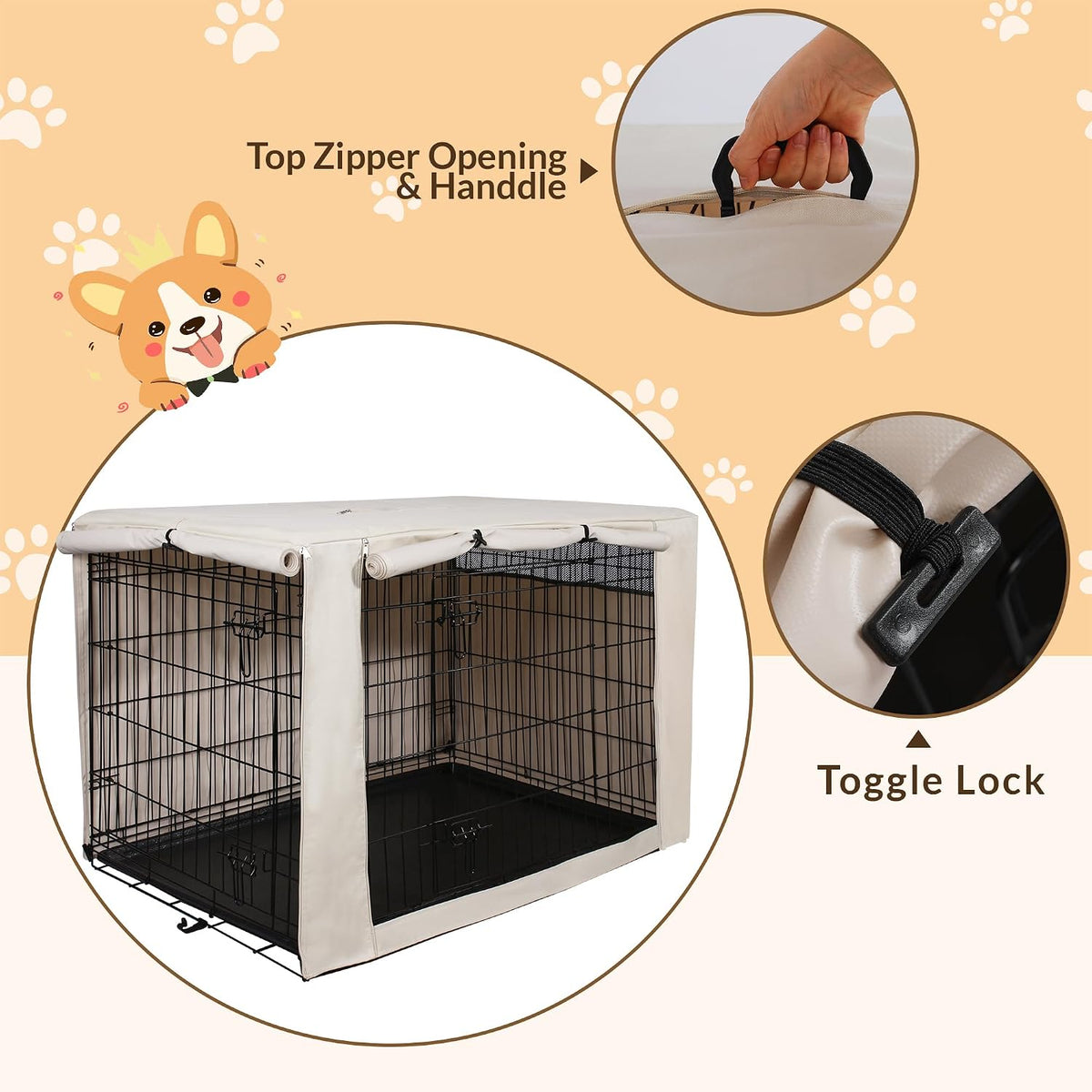 30-Inch Dog Crate Cover with Mesh, Waterproof Kennel Cover, Beige