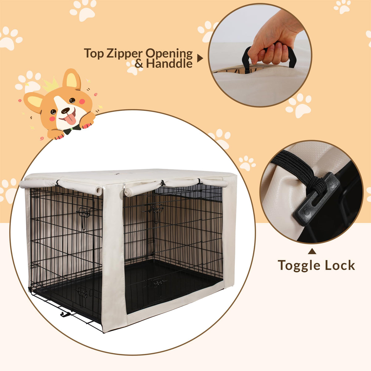 HiCaptain 36-Inch Dog Crate Cover with Mesh, Waterproof Kennel Cover, Beige