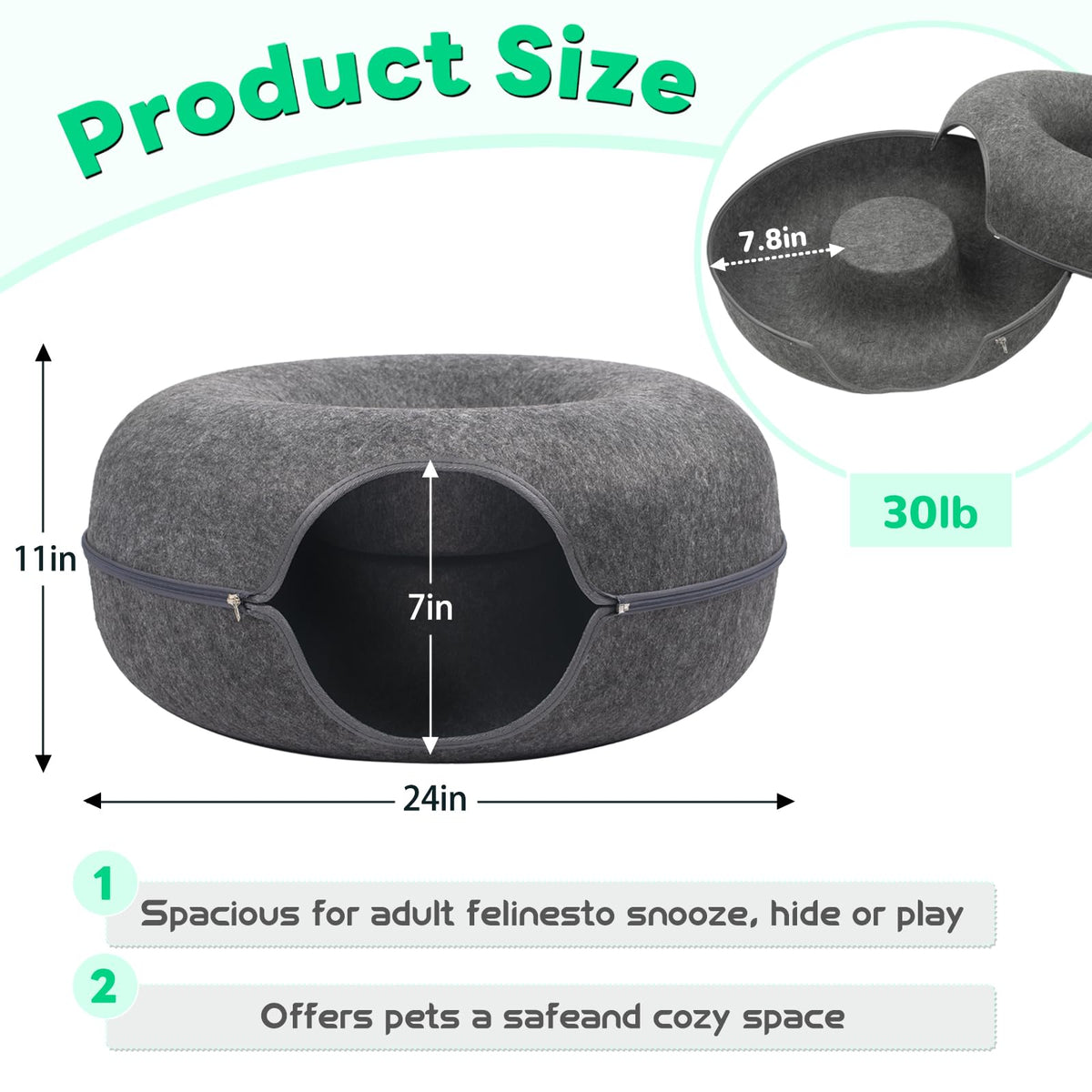 Large Peekaboo Cat Cave Donut Tunnel 24" for Indoor Cats, Dark Grey