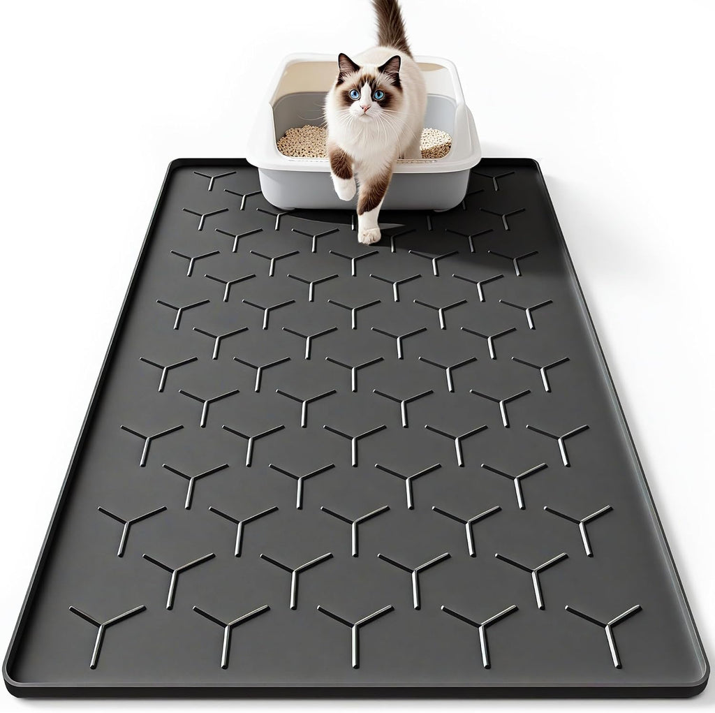Silicone Cat Litter Mat, 24"x16", Raised Edge Waterproof, Grey