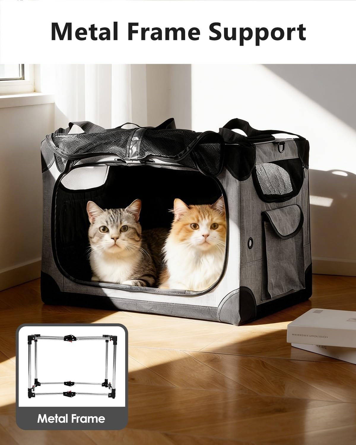 FuzzyNest Large Cat Carrier for 2 Cats, 24x17x17 in, Metal Frame, Gray