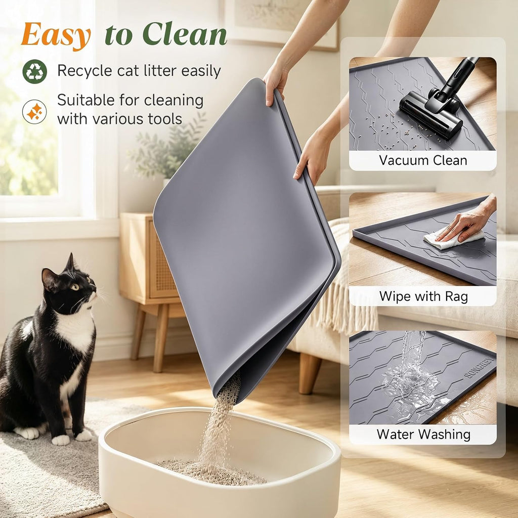 Songrey Silicone Cat Litter Mat 34" x 22", Large Litter Trapping Mat, Gray