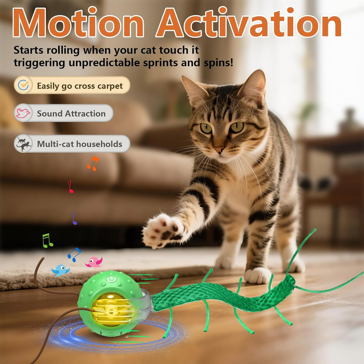 Giociv Interactive Cat Toys for Bored Cats, with Chirping, Centipede Motion Wake-up Super Motor Cat Ball on Rug