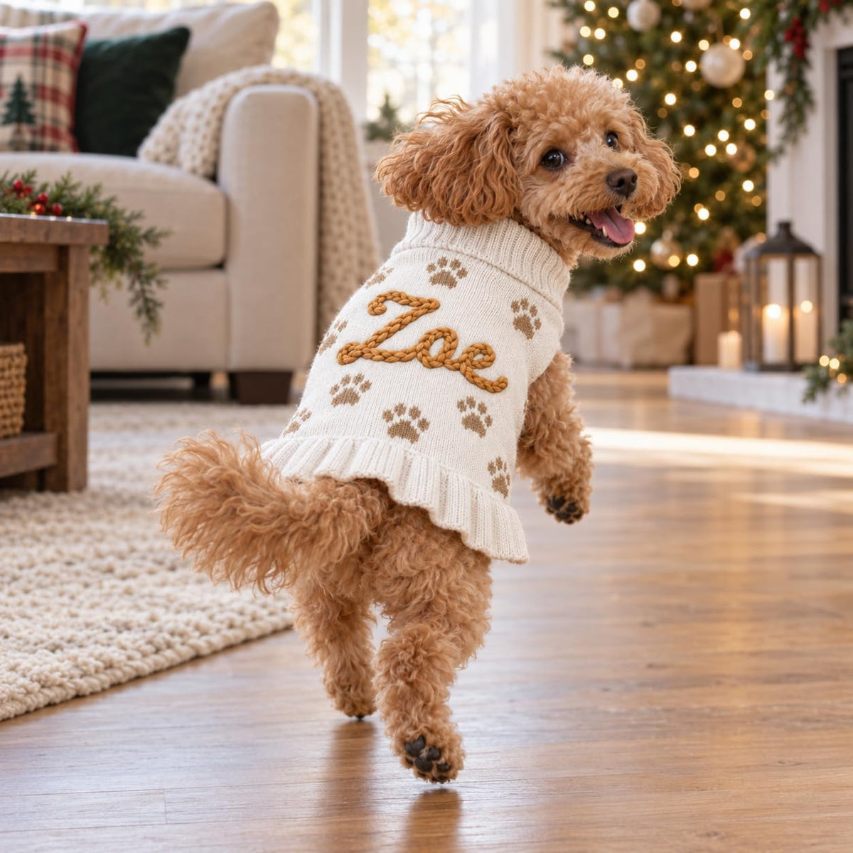 Personalized Dog Dress, Hand-Embroidered Name and Christmas Gift
