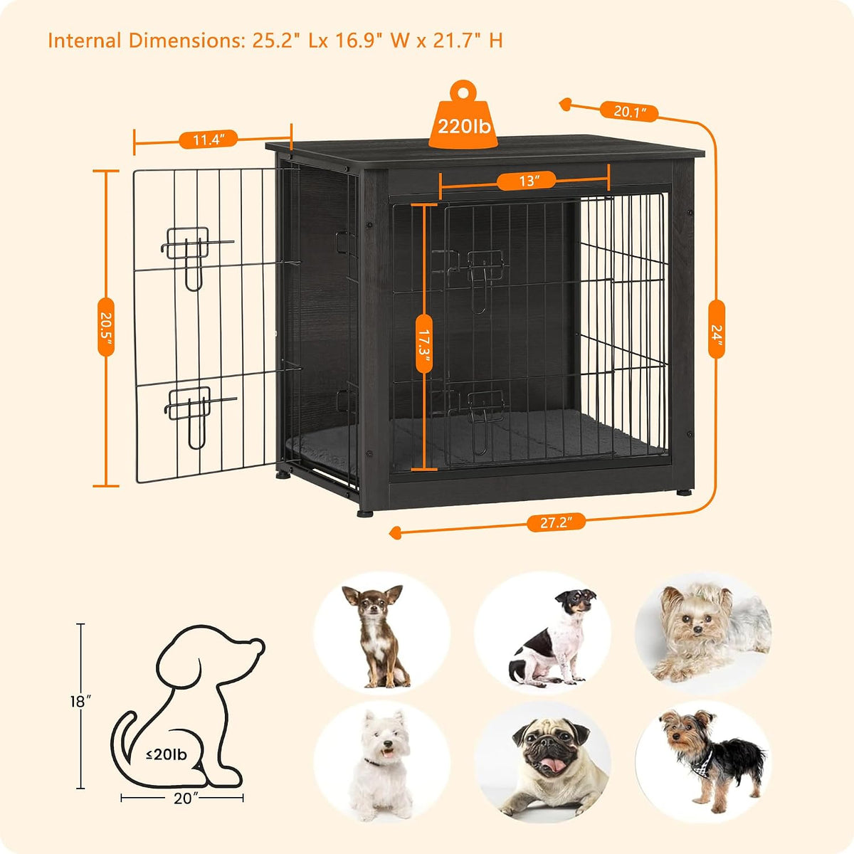27" Dog Crate Furniture, Dog Kennel Indoor, with Waterproof Cushion
