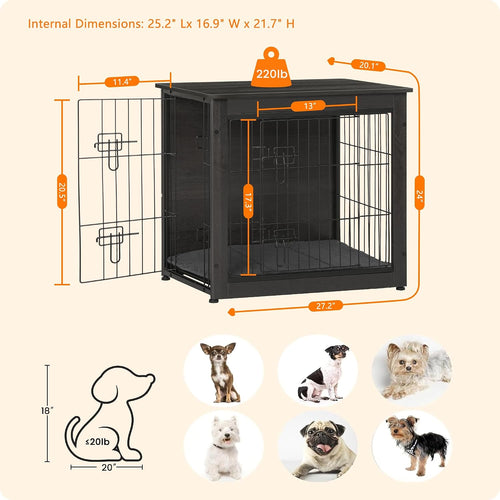27" Dog Crate Furniture, Dog Kennel Indoor, with Waterproof Cushion