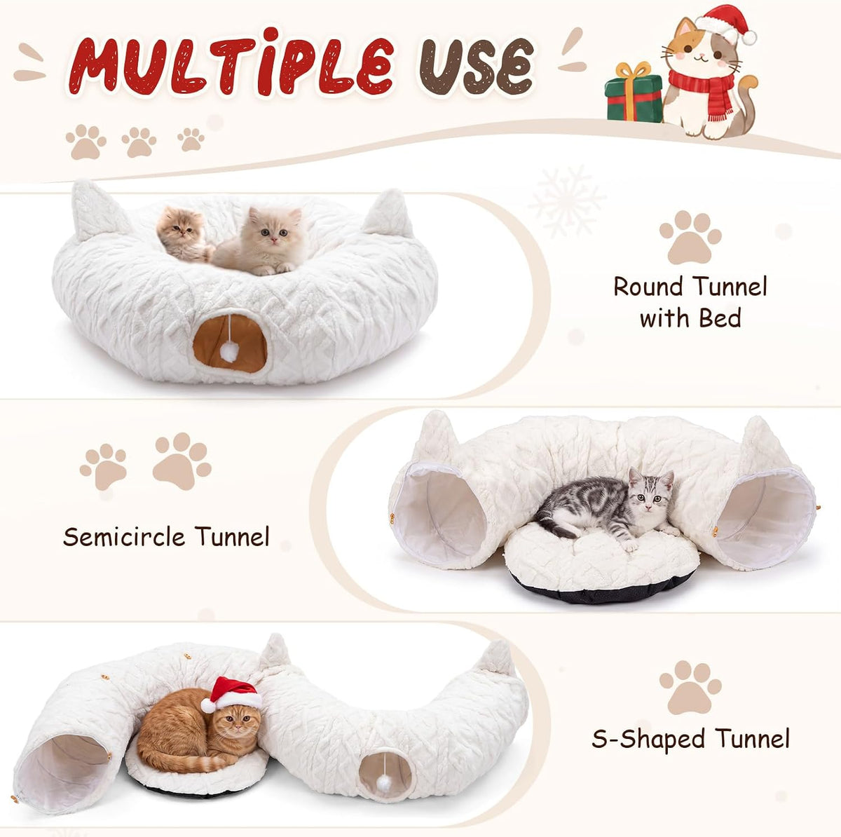 Christmas Cat Tunnel Tree Skirt, White, 43.3 x 12 in, Cat Ear