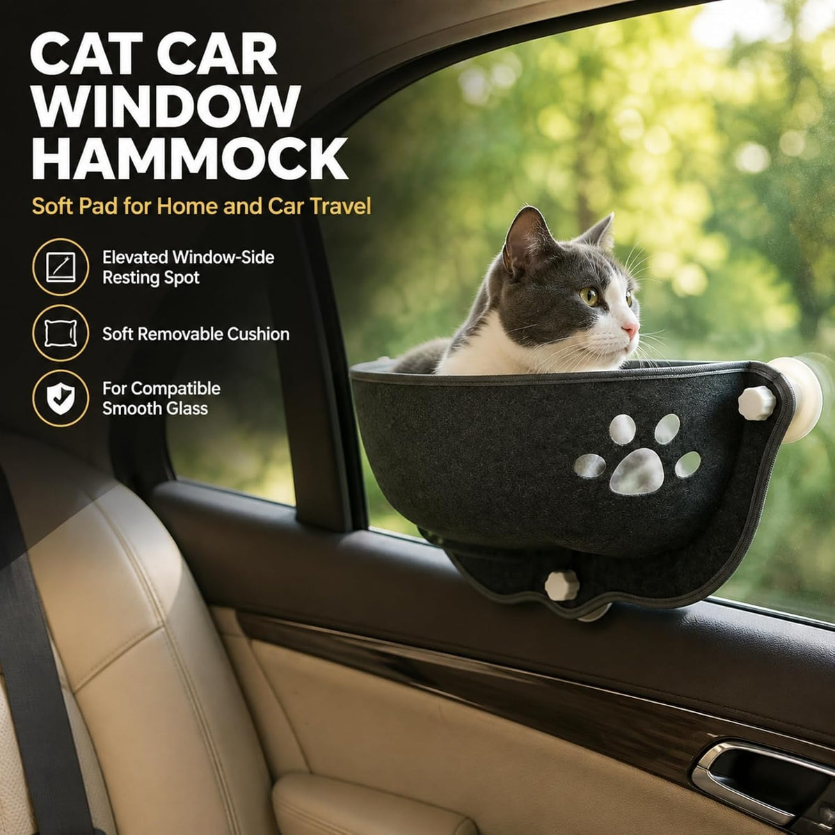 Cat Car Window Hammock with Soft Pad, Cat Car Window Seat，Gray：Small