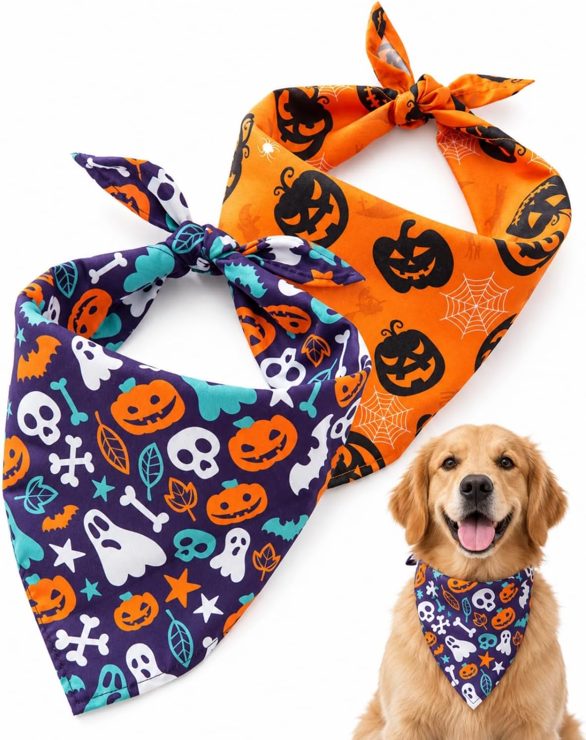 Halloween Dog Bandanas 2PCS Pumpkin Pet Scarf