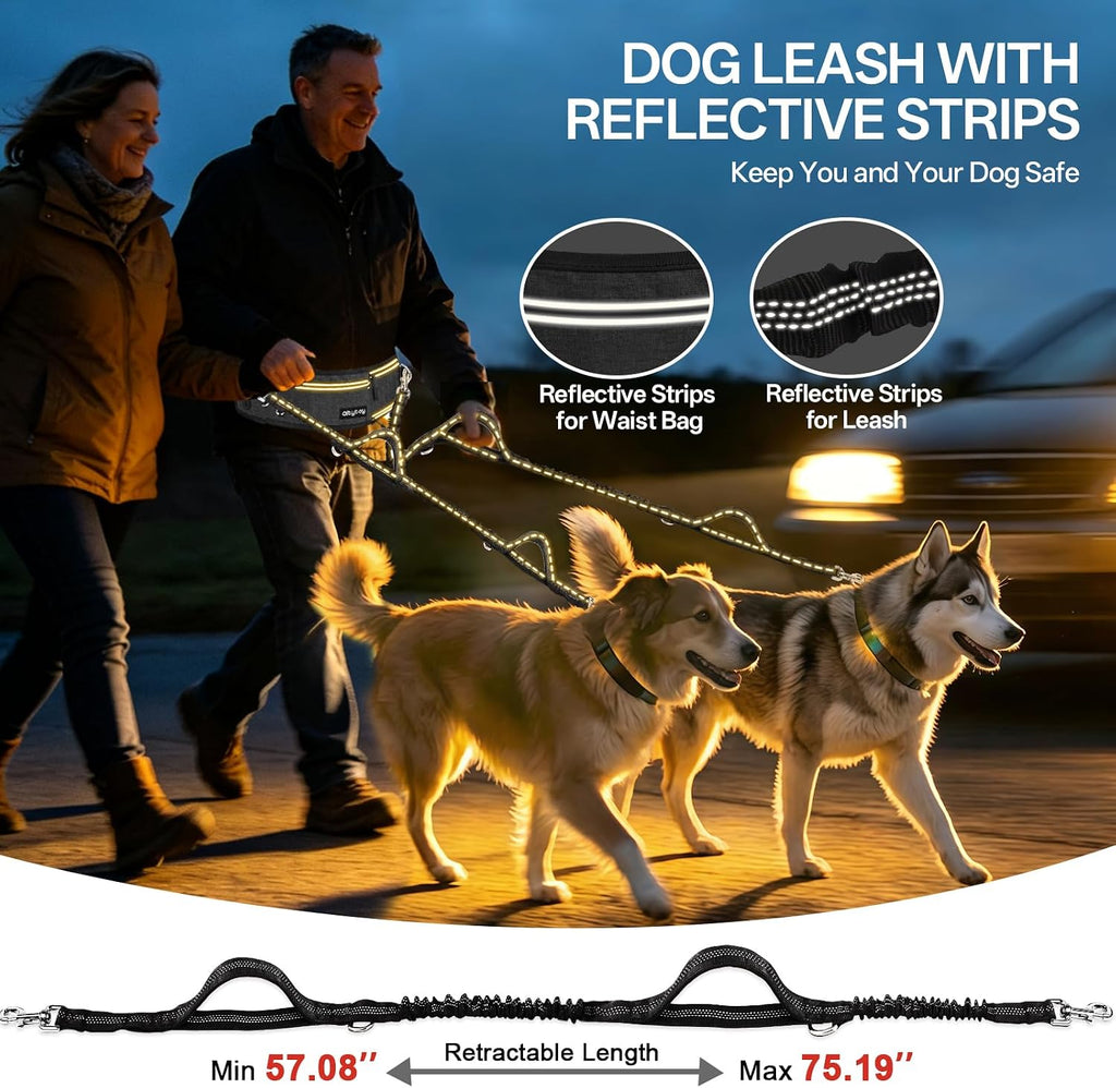 Hands Free Double Dog Leash for Two Dogs 240LB Heavy Duty Bungee