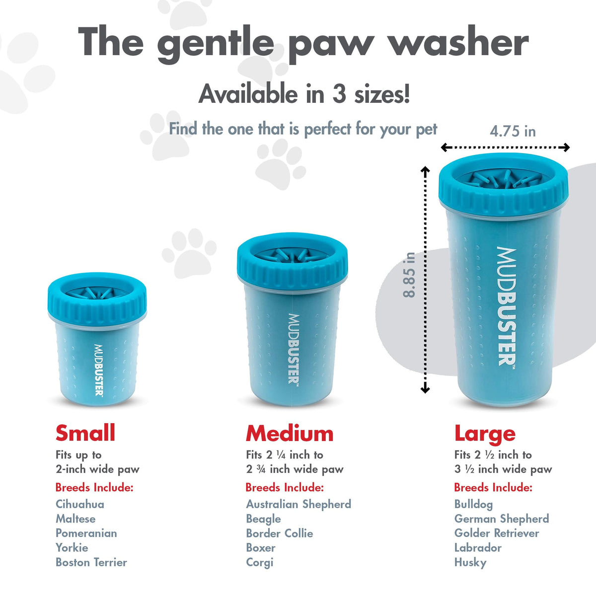 Dexas MudBuster Large Dog Paw Cleaner, Blue, Fits 2.5"-3.5" Wide Paws, Gentle Silicone Bristles for Quick, Easy Cleaning