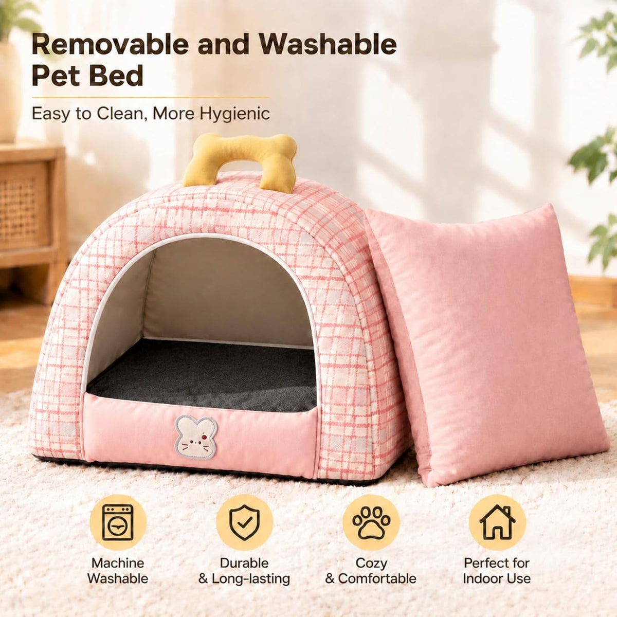 Small Dog House Indoor with Carry Handle & Washable Pad,Pet Cave Bed，Pink：L