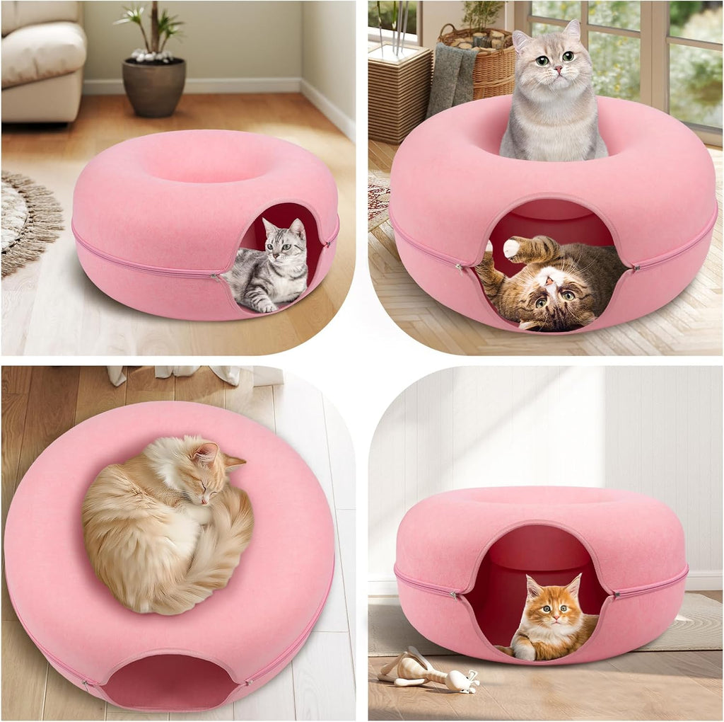 Large Peekaboo Cat Cave Donut Tunnel 24" for Indoor Cats, Pink