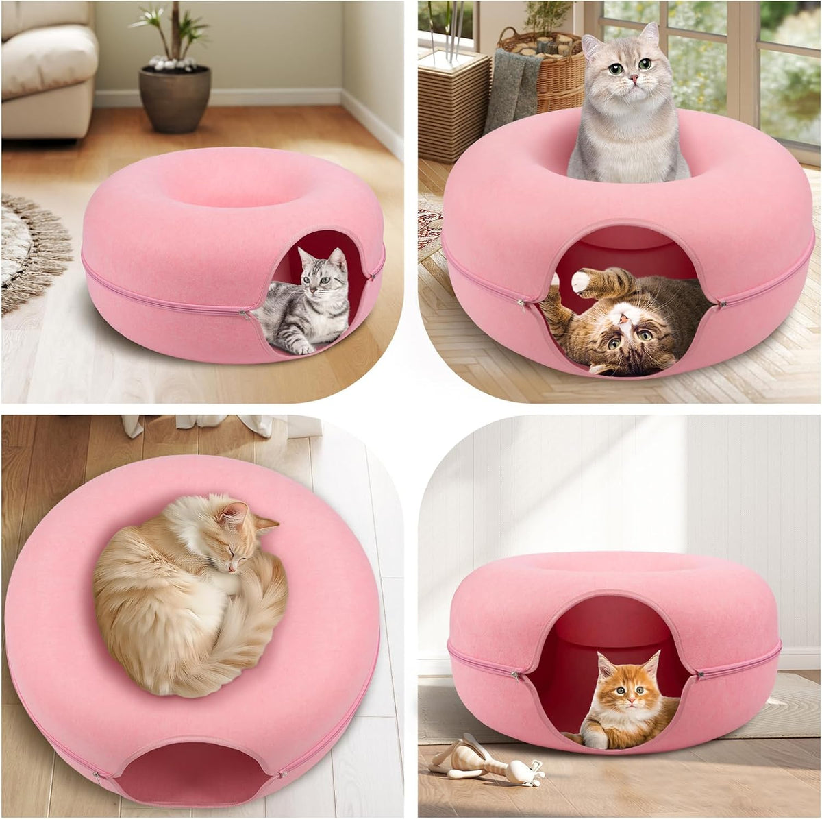 Large Peekaboo Cat Cave Donut Tunnel 24" for Indoor Cats, Pink