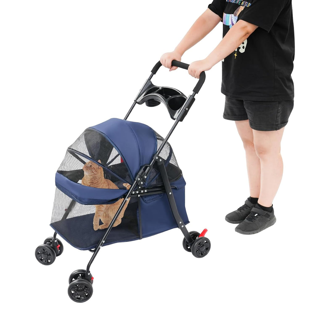 Foldable Pet Cart, Lightweight Travel Pet Stroller with 360°Wheels(Blue)