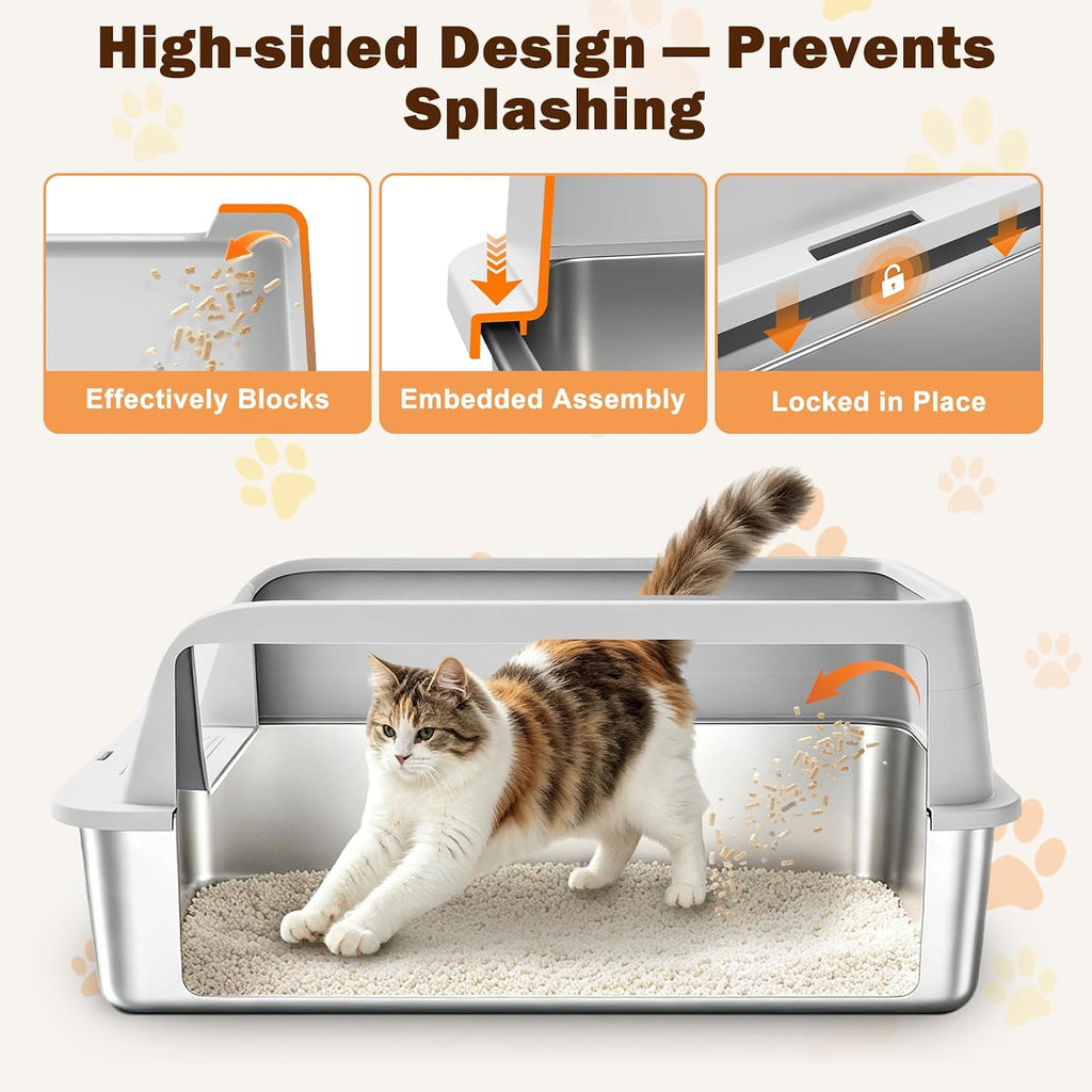 AIPERRO Stainless Steel Litter Box with Lid | XL Metal Enclosed Cat Litter Boxes with High Sided for Big Cats | Anti-Uri