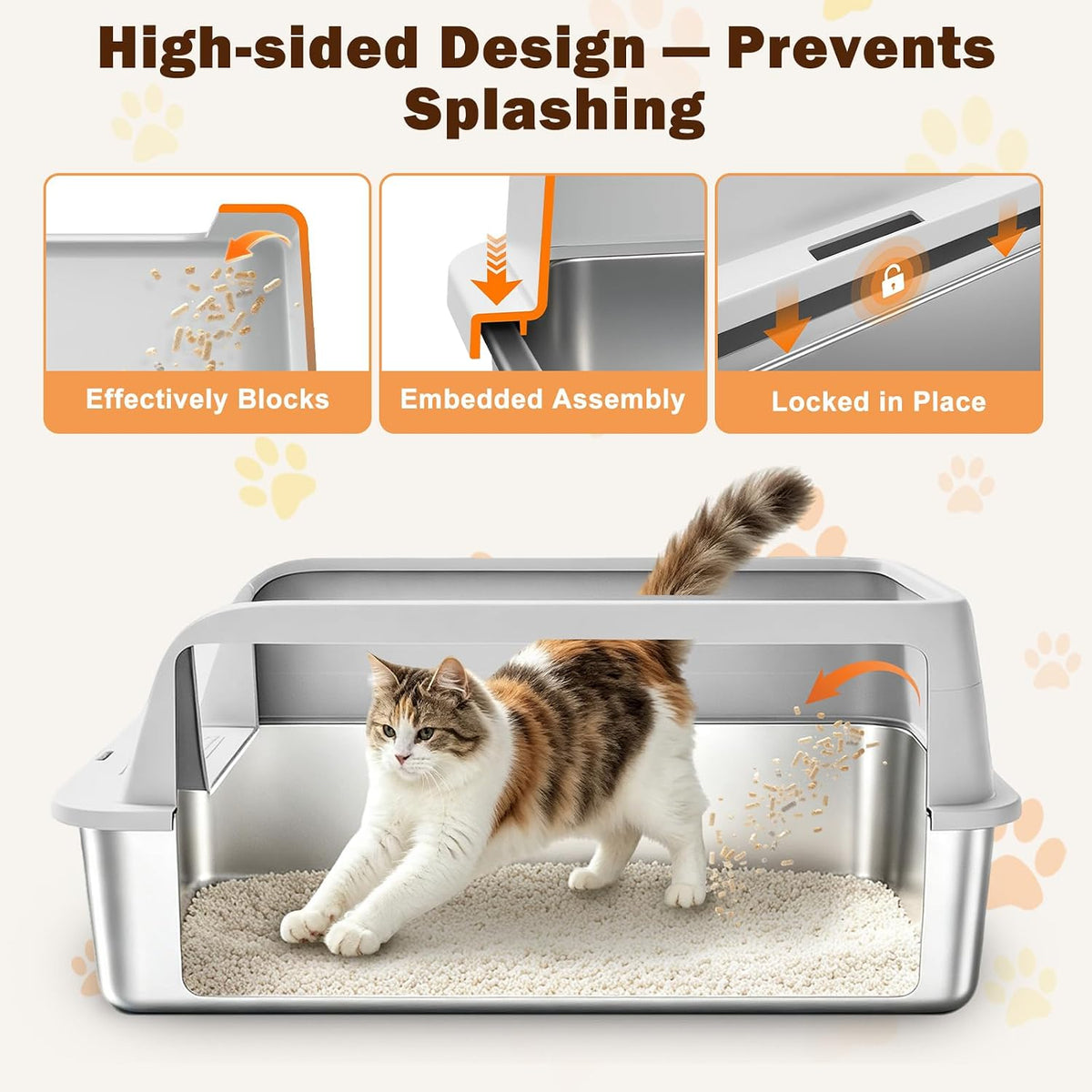 AIPERRO Stainless Steel Litter Box with Lid | XL Metal Enclosed Cat Litter Boxes with High Sided for Big Cats | Anti-Uri